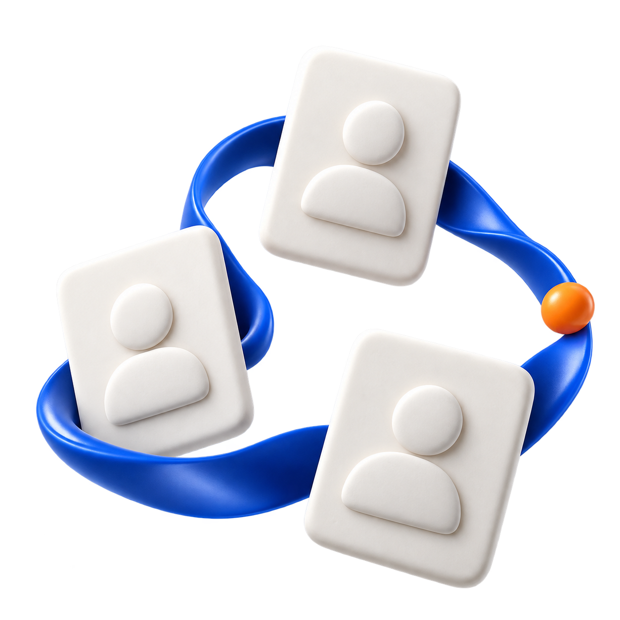 Three sculptural profile cards connected by a blue ribbon